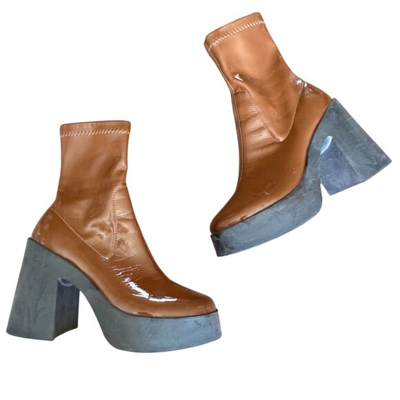 ASOS DESIGN Elsie Faux Patent Leather Platform High Heeled Sock Boot Brown US 7 - Picture 1 of 8